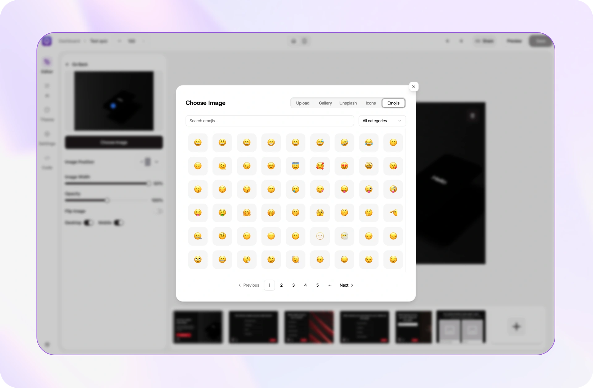Emoji and icon search inside the Quizell image gallery